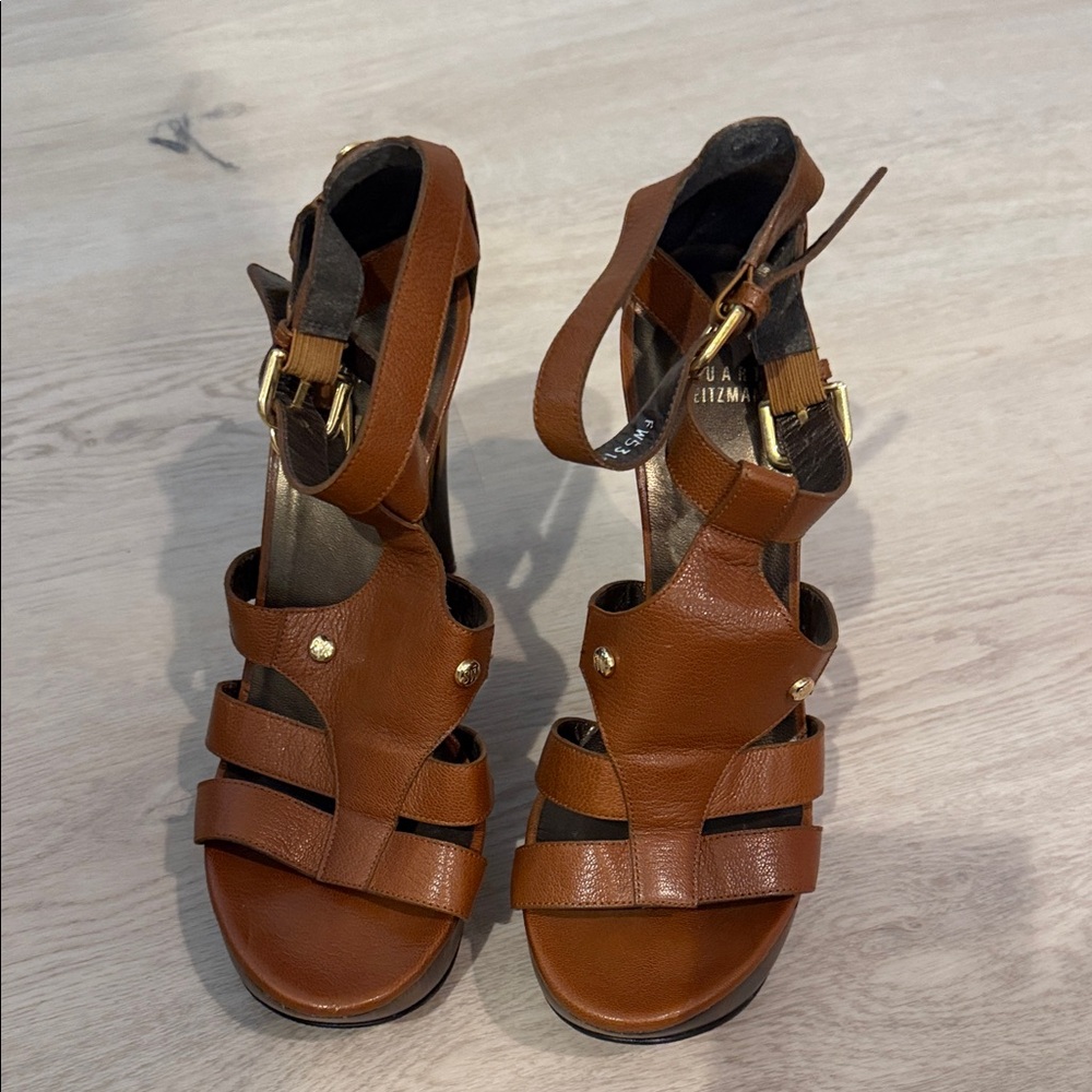 Stuart Weitzman Cognac Brown Leather Strappy High Heels